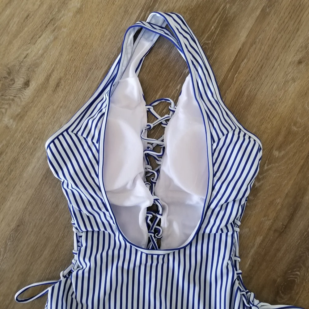 NWT Holipick Blue White Stripe Sexy Lace Up Two Way One Piece Swimsuit Size L D3